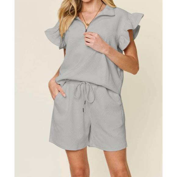 Double Take Full Size Texture Drawstring Short Sleeve Hoodie and Pocketed Pants Set main image 1